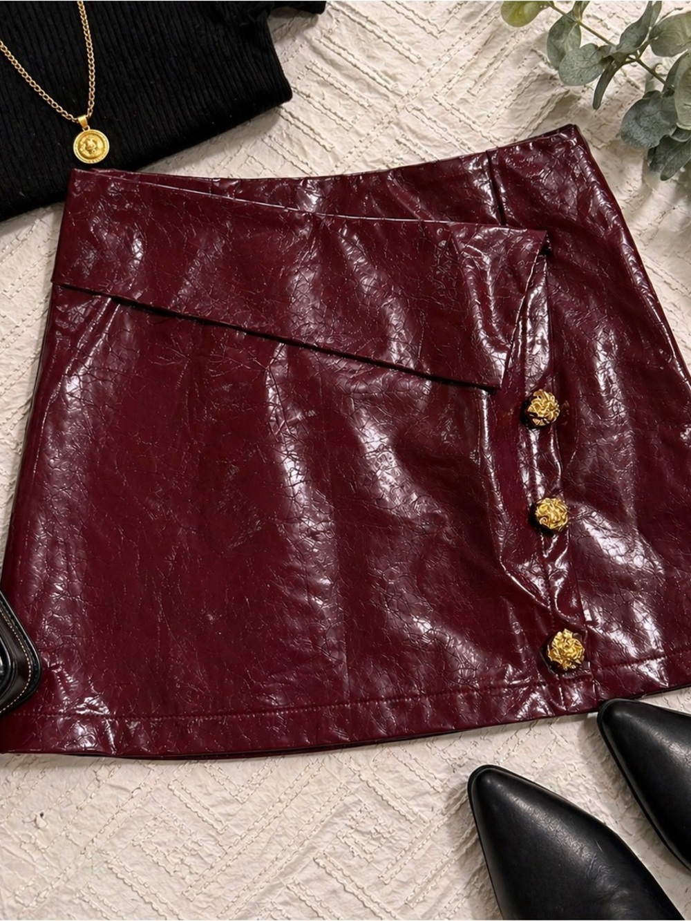 NWT MICAS Burgundy Faux Leather Wrap Mini Skirt Gold Button Asymmetrical Small